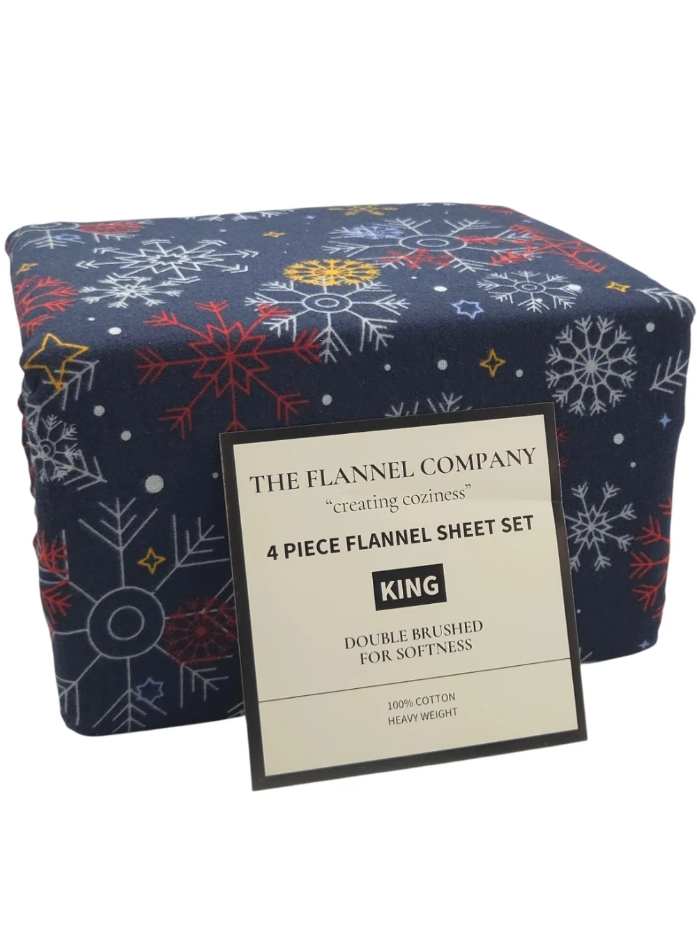King Size Winter Cozy Cotton Flannel Sheet Set Snowflakes Printed Heavy‎ Weight
